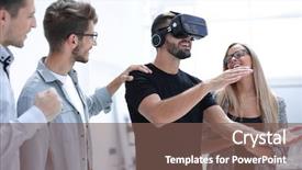  Presentation with virtual reality environments - Theme having innovation gears - man wearing virtual reality glasses background and a light blue colored foreground