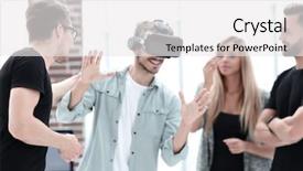  Presentation with virtual reality - Cool new PPT theme with innovation gears - positive colleagues testing virtual reality backdrop and a white colored foreground