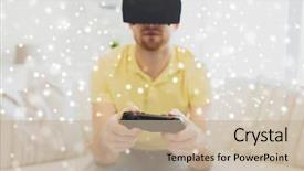  Presentation with augmented reality - Colorful presentation design enhanced with 3d glasses playing video game backdrop and a mint green colored foreground