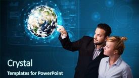  Presentation with high tech illustration - Theme having 3d globe - happy young couple touching high-tech background and a navy blue colored foreground