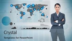  Presentation with world map - Amazing presentation design having 3d globe - serious businesswoman standing backdrop and a light blue colored foreground