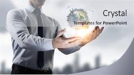  Presentation with world - Cool new PPT layouts with 3d globe - whole world in his hands backdrop and a light gray colored foreground