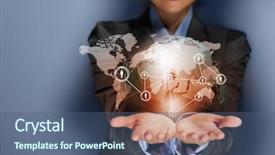  Presentation with internet - Cool new presentation theme with 3d globe internet - close up image of businesswoman backdrop and a ocean colored foreground