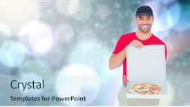  Presentation with pizza delivery - Slides enhanced with 3d graphics people standing circle - digital composite of delivery man background and a sky blue colored foreground