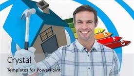  Presentation with handyman - Slide set having 3d graphics people standing circle - happy handyman holding hammer background and a light blue colored foreground