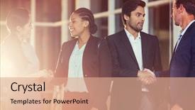  Presentation with shaking hands - Beautiful PPT theme featuring 3d group of business people backdrop and a coral colored foreground