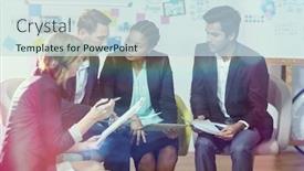  Presentation with front office - Colorful theme enhanced with 3d group of businesspeople discussing backdrop and a sky blue colored foreground