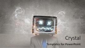  Presentation with media - Presentation featuring 3d human character - monitor headed businessman mixed media background and a light gray colored foreground