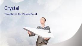  Presentation with plane - PPT layouts having 3d human free - businesswoman with paper plane mixed background and a sky blue colored foreground