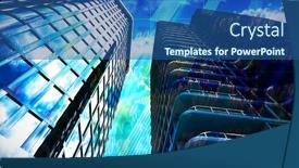  Presentation with office buildings - Colorful PPT layouts enhanced with 3d illustration of office buildings against stocks and shares backdrop and a ocean colored foreground