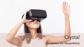  Presentation with virtual reality - Colorful slide set enhanced with 3d image isolated white background - woman looking though virtual reality backdrop and a coral colored foreground