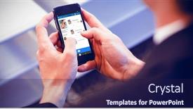  Presentation with chat - Colorful slide set enhanced with 3d interface of chat application against businessman touching smart phone backdrop and a navy blue colored foreground