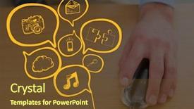  Presentation with computer - Slide deck having 3d jigsaw puzzle - close up of hand background and a tawny brown colored foreground