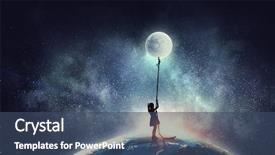  Presentation with moon - Presentation theme featuring 3d little humans - kid girl catching moon background and a ocean colored foreground