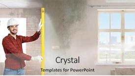  Presentation with spirit - Presentation design enhanced with 3d man fixing - builder checking spirit level mixed background and a  colored foreground