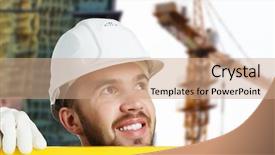  Presentation with spirit - PPT theme consisting of 3d man fixing - builder checking spirit level mixed background and a  colored foreground