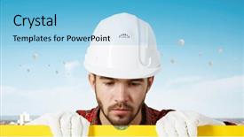  Presentation with spirit - Colorful presentation theme enhanced with 3d man fixing - builder checking spirit level mixed backdrop and a  colored foreground