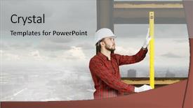  Presentation with spirit - PPT layouts consisting of 3d man fixing - builder checking spirit level mixed background and a  colored foreground