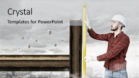  Presentation with spirit - Beautiful PPT layouts featuring 3d man fixing - builder checking spirit level mixed backdrop and a  colored foreground
