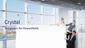  Presentation with advertisement - Presentation theme having 3d man holding placard - your advertisement in good hands background and a sky blue colored foreground