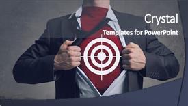  Presentation with media - Colorful PPT theme enhanced with 3d man target - his super abilities mixed media backdrop and a dark gray colored foreground
