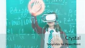  Presentation with virtual reality - Theme having 3d math - girl with virtual reality glasses background and a teal colored foreground