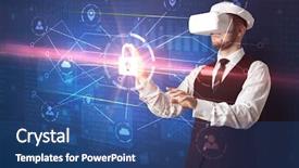  Presentation with sports wear ski goggles - Presentation theme having 3d matrix - businessman with dji goggles controlling background and a  colored foreground