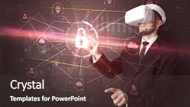  Presentation with network - Colorful slide deck enhanced with 3d matrix - businessman with dji goggles controlling backdrop and a  colored foreground