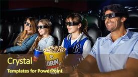  Presentation with movie theater - Cool new slide set with 3 d house - happy family of four watching backdrop and a tawny brown colored foreground