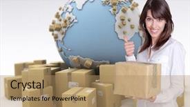  Presentation with international - PPT theme consisting of 3d moving earth - happy female customer holding background and a coral colored foreground