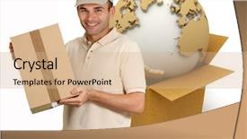  Presentation with an open gift box - Slide deck with 3d moving earth - messenger carrying a package background and a coral colored foreground