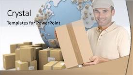  Presentation with showing world map for shipping - Slide deck with 3d moving earth - messenger holding a package background and a light blue colored foreground