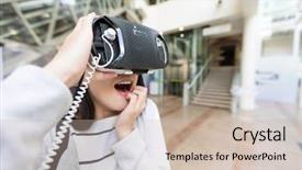  Presentation with virtual - Colorful presentation theme enhanced with 3d museum - woman feeling scared when using backdrop and a soft green colored foreground