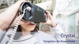  Presentation with virtual reality - Amazing slide set having 3d museum - woman looking though virtual reality backdrop and a sky blue colored foreground