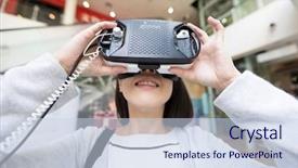  Presentation with virtual - Presentation with 3d museum - woman looking though virtual reality background and a sky blue colored foreground