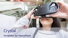  Presentation with museum - Cool new PPT theme with 3d museum - woman looking though vr device backdrop and a sky blue colored foreground