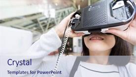  Presentation with virtual - Cool new theme with 3d museum - woman trying on virtual reality backdrop and a sky blue colored foreground