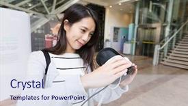  Presentation with museum - Amazing PPT layouts having 3d museum - woman trying on vr device backdrop and a sky blue colored foreground