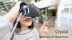  Presentation with museum - Cool new PPT theme with 3d museum - woman trying on vr device backdrop and a soft green colored foreground