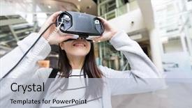  Presentation with virtual reality - PPT theme enhanced with 3d museum - woman watching though virtual reality background and a light blue colored foreground