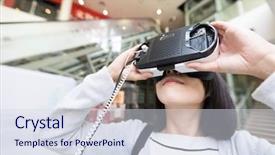  Presentation with museum - Slide deck featuring 3d museum - woman watching though vr device background and a sky blue colored foreground