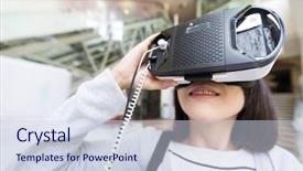  Presentation with museum - Beautiful theme featuring 3d museum - woman watching though vr device backdrop and a sky blue colored foreground