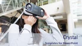  Presentation with museum - Presentation theme with 3d museum - woman watching though vr device background and a sky blue colored foreground