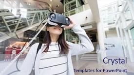  Presentation with museum - PPT theme consisting of 3d museum - woman watching with vr device background and a sky blue colored foreground