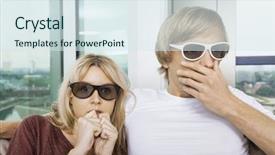  Presentation with thick glasses - Presentation with 3d people heads together - couple wearing 3d glasses background and a sky blue colored foreground