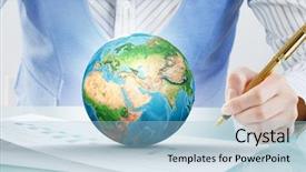  Presentation with desk - Beautiful PPT theme featuring 3d people pen - businesswoman working at desk mixed backdrop and a light blue colored foreground