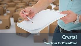  Presentation with logistics fleet of delivery vehicles - Presentation design consisting of 3d people pen - delivery man with clipboard asking background and a  colored foreground