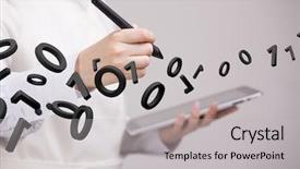  Presentation with coding binary code blue polygonal - Slide deck consisting of 3d people pen - woman working with binary code background and a  colored foreground