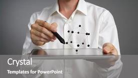  Presentation with atom - Cool new presentation with 3d people pen - young male scientist working backdrop and a gray colored foreground
