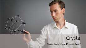  Presentation with atom - Beautiful PPT theme featuring 3d people pen - young male scientist working backdrop and a light gray colored foreground